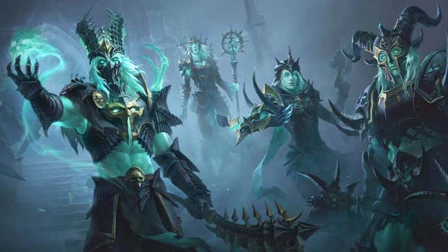 A group of green ghost-like figures in armor stands together in thick fog. 