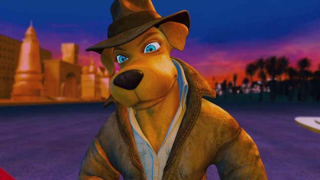 A screenshot of Foodfight! shows a dog in a detective outfit. 