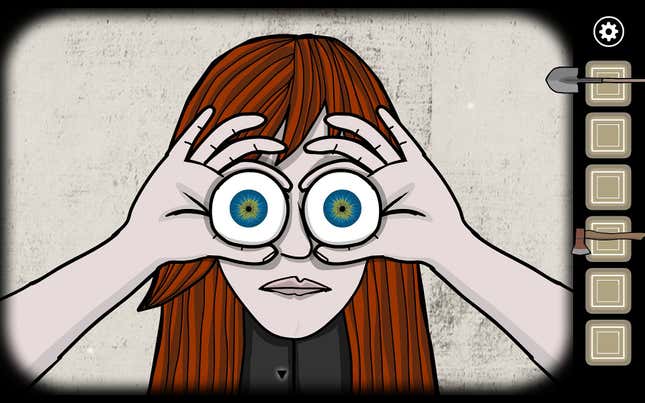 A character holds eyeballs up in front of her eyeballs.
