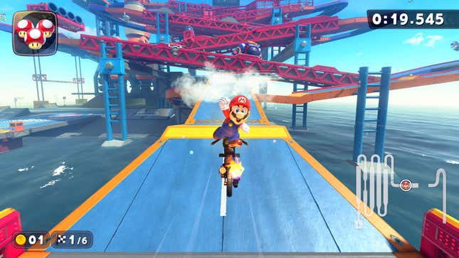 A screenshot of Mario Kart World. Mario is racing on the DK Spaceport track.