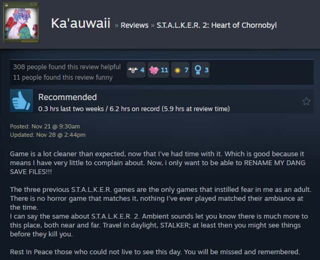 A screenshot shows a Steam user review for Stalker 2.