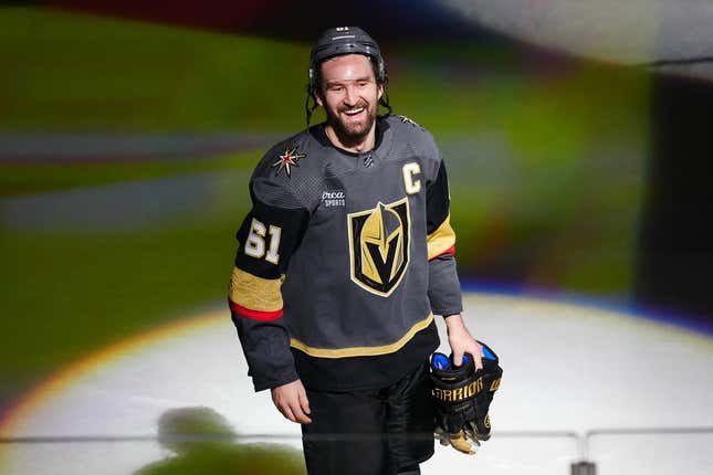 Jan 15, 2024; Las Vegas, Nevada, USA; Vegas Golden Knights right wing Mark Stone (61) celebrates after being named First Star of the Game after the Golden Knights defeated the Nashville Predators 4-1 at T-Mobile Arena.