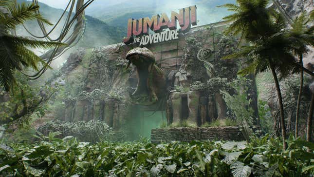 A stone wall with a roaring hippo, palm trees, and the words "Jumanji: The Adventure."