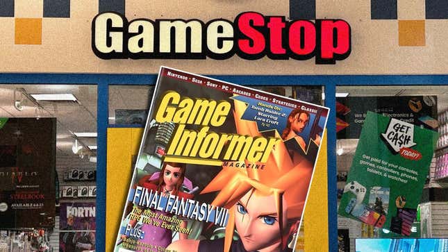 An issue of Game Informer is in front of a GameStop store. 