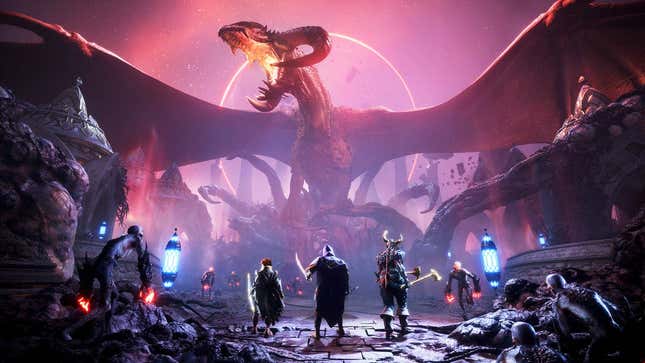 Dragon Age heroes confront a monster. 