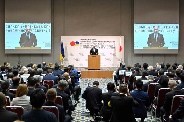 Ukraine&#39;s Prime Minister Denys Shmyhal delivers a speech during the Japan-Ukraine Conference for Promotion of Economic Growth and Reconstruction at Keidanren Kaikan in Tokyo Monday, Feb. 19, 2024. (Kazuhiro Nogi/Pool Photo via AP)