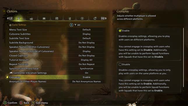 The crossplay settings options in Monster Hunter Wilds.