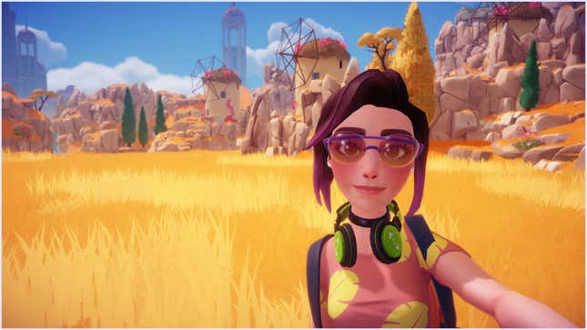 Un protagonista de Disney Dreamlight Valley se toma una selfie en un campo.