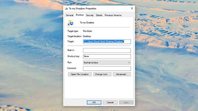 Changing the settings of a Windows shortcut.