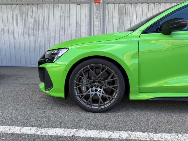 Green front wheel of a 2025 Audi RS3 Sportback