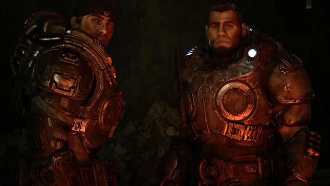 Marcus and Dom look somber, firelight reflecting in their armor. 