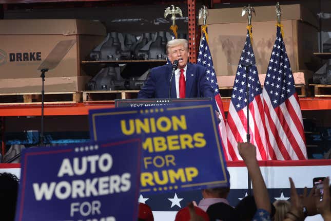 President-elect Donald Trump speaks to a crowd on non-union autoworkers at Drake Enterprises in 2023 amid the United Auto Workers’ strikes against the Detroit Three.