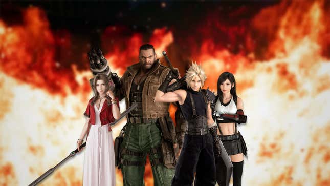Aerith, Barret, Cloud, and Tifa stand in front of fire.