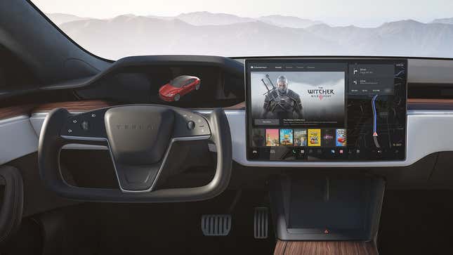 The inside of a Tesla with a Steam app open.