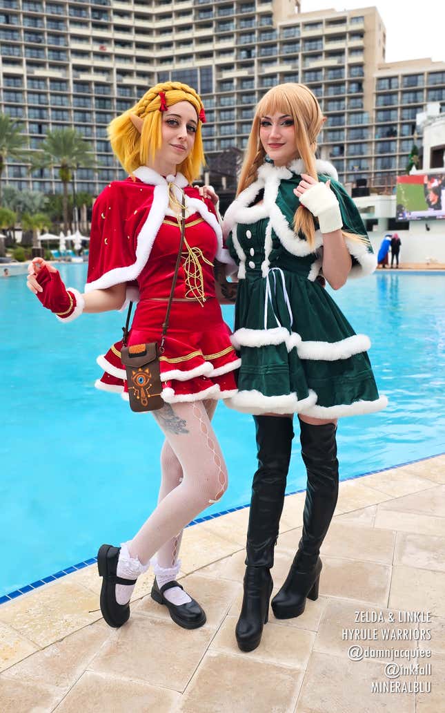 Holiday-themed Zelda and Linkle stand by a pool.