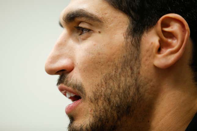 Turkish NBA Player Enes Kanter speaks to the media during a news conference about his detention at a Romanian airport on May 22, 2017 in New York City. Kanter returned to the U.S. after being detained for several hours at a Romanian airport following statements he made criticizing Turkey’s president Recep Tayyip Erdogan.