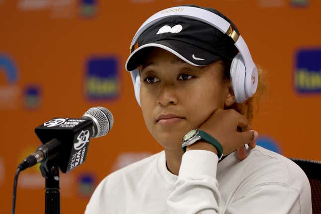 Naomi Osaka of Japan fields questions from the media at a press conference during the Miami Open at Hard Rock Stadium on March 23, 2022 in Miami Gardens, Florida. (Photo by Matthew Stockman/Getty Images)