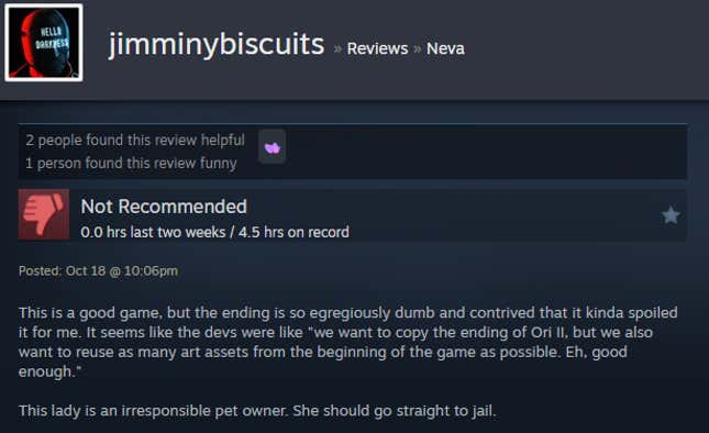 A screenshot shows a Steam user review from Neva.