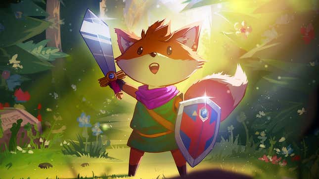 Tunic's protagonist, an anthropomorphic fox, holds a sword in its right hand and a shield in its left hand while standing in a forest.