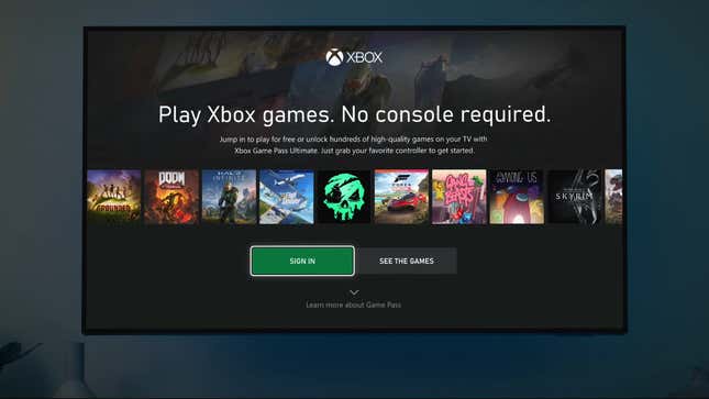 A screenshot of the ad showing the Xbox app running on an Amazon Fire Stick. The biggest text reads “Play Xbox games. No console required.”