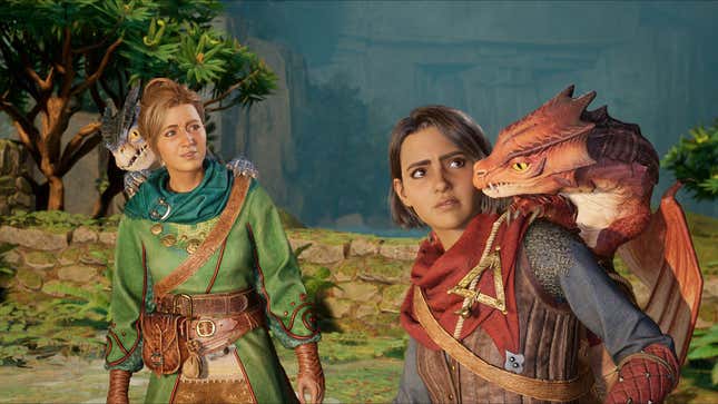 An image of the two main characters of Split Fiction in a fantasy setting with dragons on their shoulders.