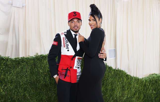 Chance the Rapper and Kirsten Corley depart The 2021 Met Gala Celebrating In America: A Lexicon Of Fashion at Metropolitan Museum of Art on September 13, 2021 in New York City.