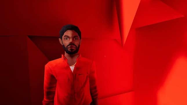 A man wearing glasses and a red button up stands in front of a red background