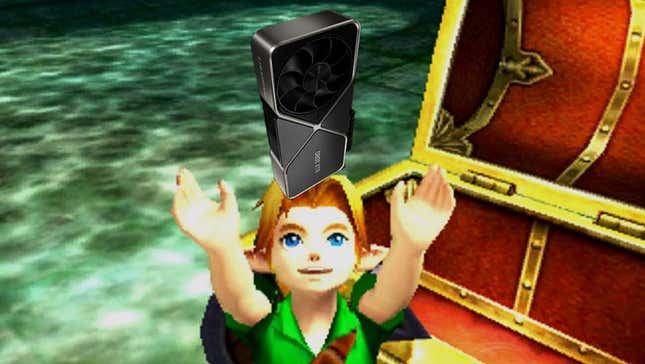 Young Link from The Legend of Zelda: Majora's Mask holding up an Nvidia RTX 3090 GPU. 