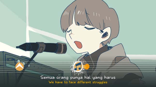 Rama sings into a mic as a rhythm game plays