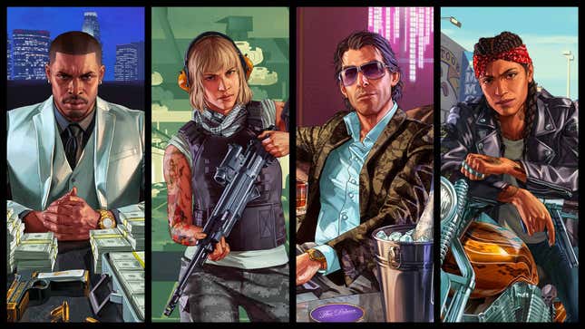 Two men and two women stand in a composite image for Grand Theft Auto Online.