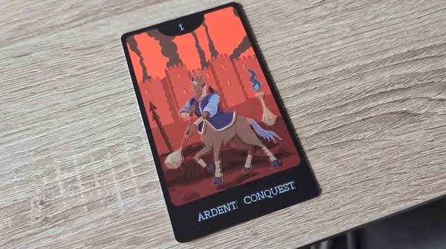 A tarot card with a centaur on a red background titled "Ardent Conquest"