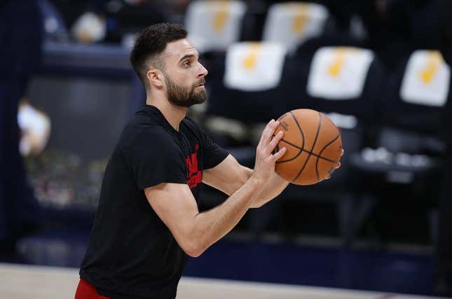 Jun 12, 2023; Denver, Colorado, USA; Miami Heat guard Max Strus (31) warms up before game five of the 2023 NBA Finals against the Denver Nuggets at Ball Arena.