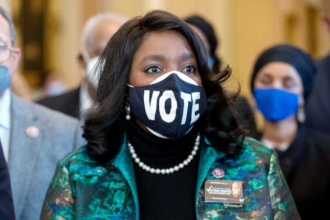 Rep. Terri Sewell, D-Ala., alongside other members of the Congressional Black Caucus, speaks in front of the Senate chambers about their support of voting rights legislation, at the Capitol in Washington, on Jan. 19, 2022. Majorities of Americans in both major parties think voting rules in their states are appropriate and support a voter identification law, but Democrats are increasingly worried about progress in voting rights for Black Americans