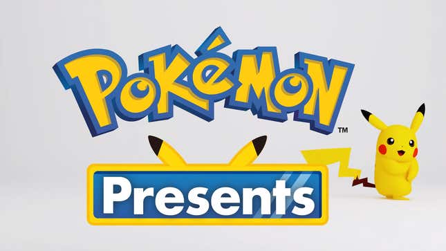 Pikachu stands next to the Pokémon Presents logo.