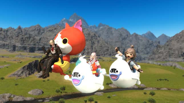 Final Fantasy XIV characters ride mounts.