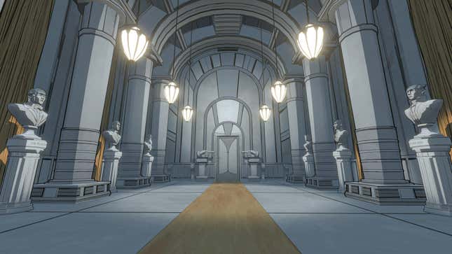 A room shows a number of statues in Blue Prince.