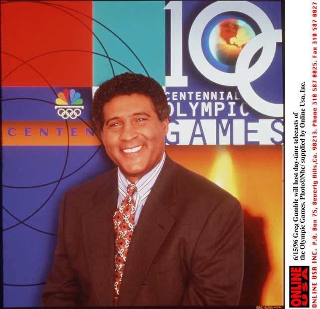 A promo image of Greg Gumbel set to host day-time telecasts of the1996 Olympic Games.