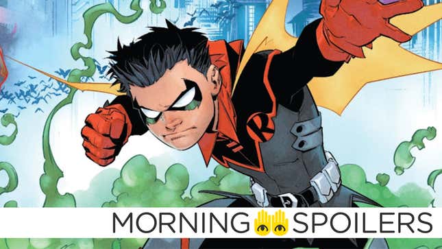 Damian Wayne, in his latest Robin Costume, leaps forward with a fist raised.