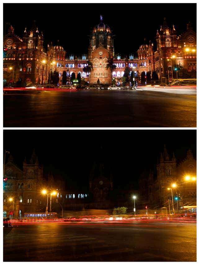 A combination picture shows the Chhatrapati Shivaji Terminus (CST), formerly known as Victoria Terminus, before (top) and after the lights were turned off for Earth Hour in Mumbai, India, March 25, 2017.