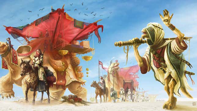 A fantasy creature waves to a passing caravan in the desert.