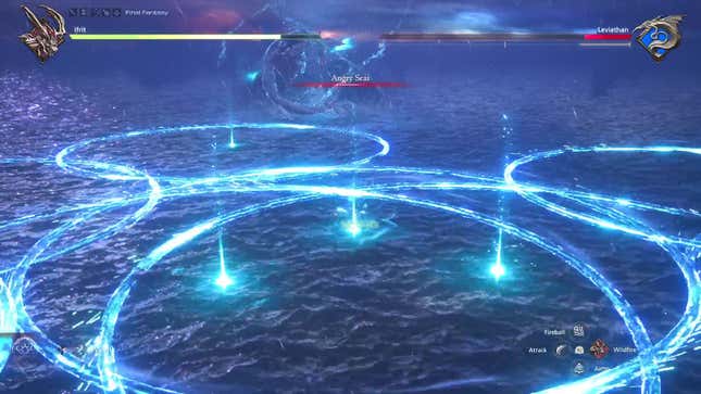 Arcs of blue energy are seen and the attack name Angry Seas is displayed.
