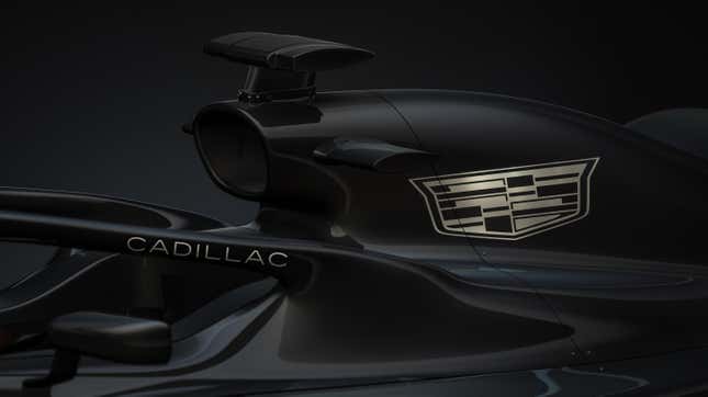 The Cadillac logo place on the engine cover of a F1 car