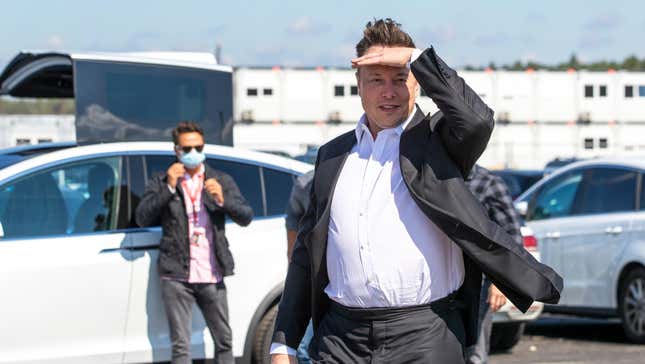 Tesla head Elon Musk arrives to have a look at the construction site of the new Tesla Gigafactory near Berlin on September 03, 2020 near Gruenheide, Germany.