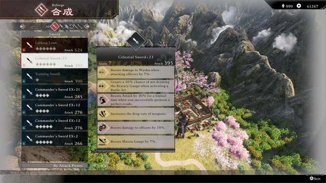  A screenshot of the Weapon Reforge menu from Dynasty Warriors: Origins. The Grade 7 weapon Celestial Sword +23 is highlighted.