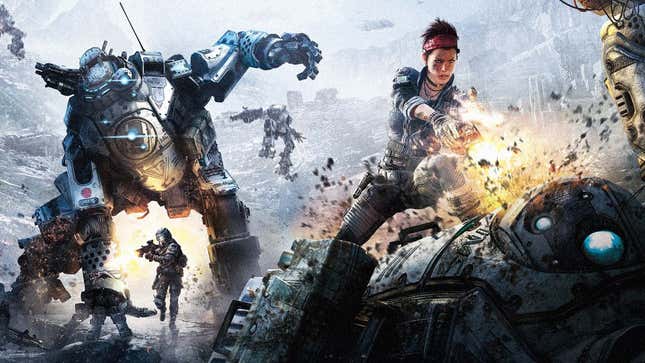 Promotional artwork for Titanfall shows some soldiers shooting at each other, with the giant mechs loitering in the background.