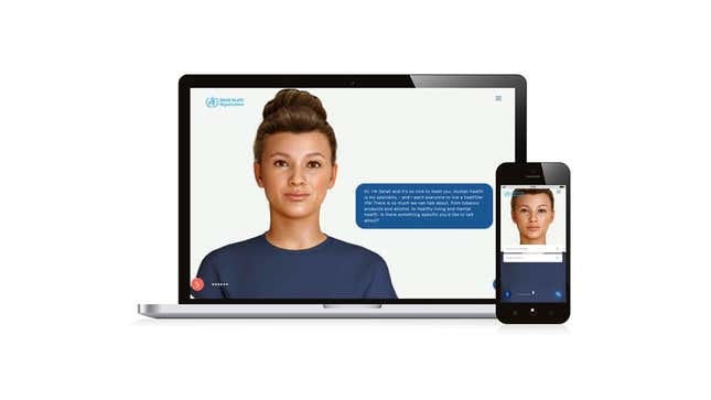 Le nouveau chatbot de l’Organisation Mondiale de la Santé exposé sur un ordinateur et un téléphone 