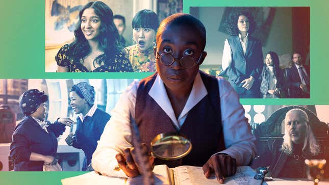 Clockwise from bottom left: Gbemisola Ikumelo and Chanté Adams in A League Of Their Own (Photo: Anne Marie Fox/Amazon Studios), Maitreyi Ramakrishnan and Ramona Young in Never Have I Ever season three (Photo: Lara Solanki/Netflix), Vivienne Acheampong in The Sandman (Photo: Laurence Cendrowicz/Netflix), Tatiana Maslany in She-Hulk: Attorney At Law (Photo: Chuck Zlotnick/Disney+), and Paddy Considine in House Of The Dragon (Photo: Ollie Upton/HBO),