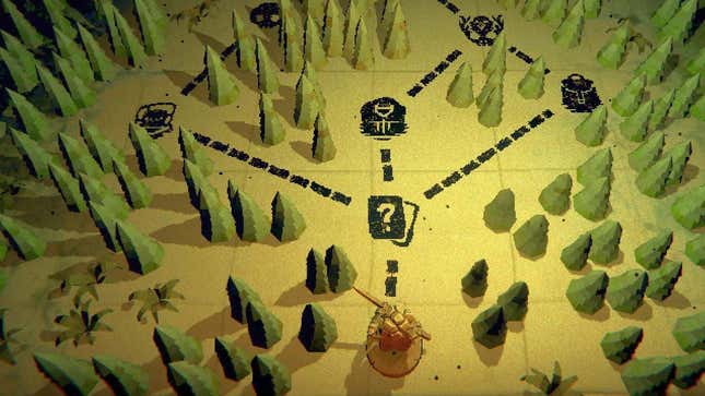 A figurine sits on a forest map with a path laid out before it