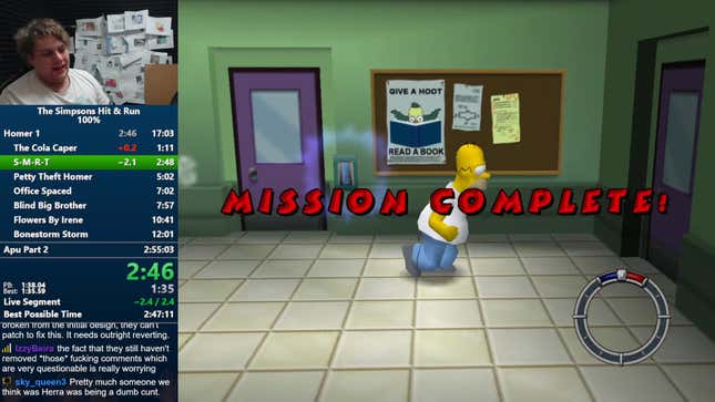 Speedrunner, LiquidWifi, speaks to his Twitch chat in the left-hand side of the screen while he plays as Homer Simpson in The Simpsons: Hit & Run