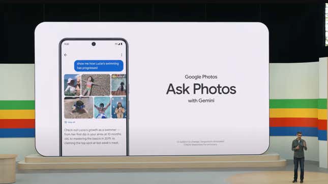 An image of Sundar Pichai standing in front of a large screen reading "Ask Photos" showing the new feature on the screen.
